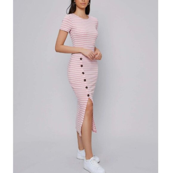 NWOT SHEIN Women's Mulvari Buttoned Front Split Hem Striped Dress Size Small - Picture 10 of 11